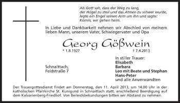 Traueranzeige von Georg Gößwein von Pegnitz-Zeitung